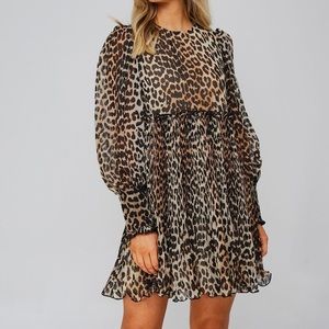 Ganni Leopard Print Pleated Georgette Mini Dress